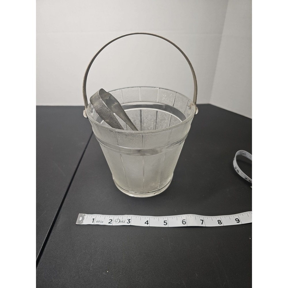 Vintagr Depression Textured Clear Glass Keg Barware Ice Bucket w/ Handle & Tongs - Picture 4 of 10